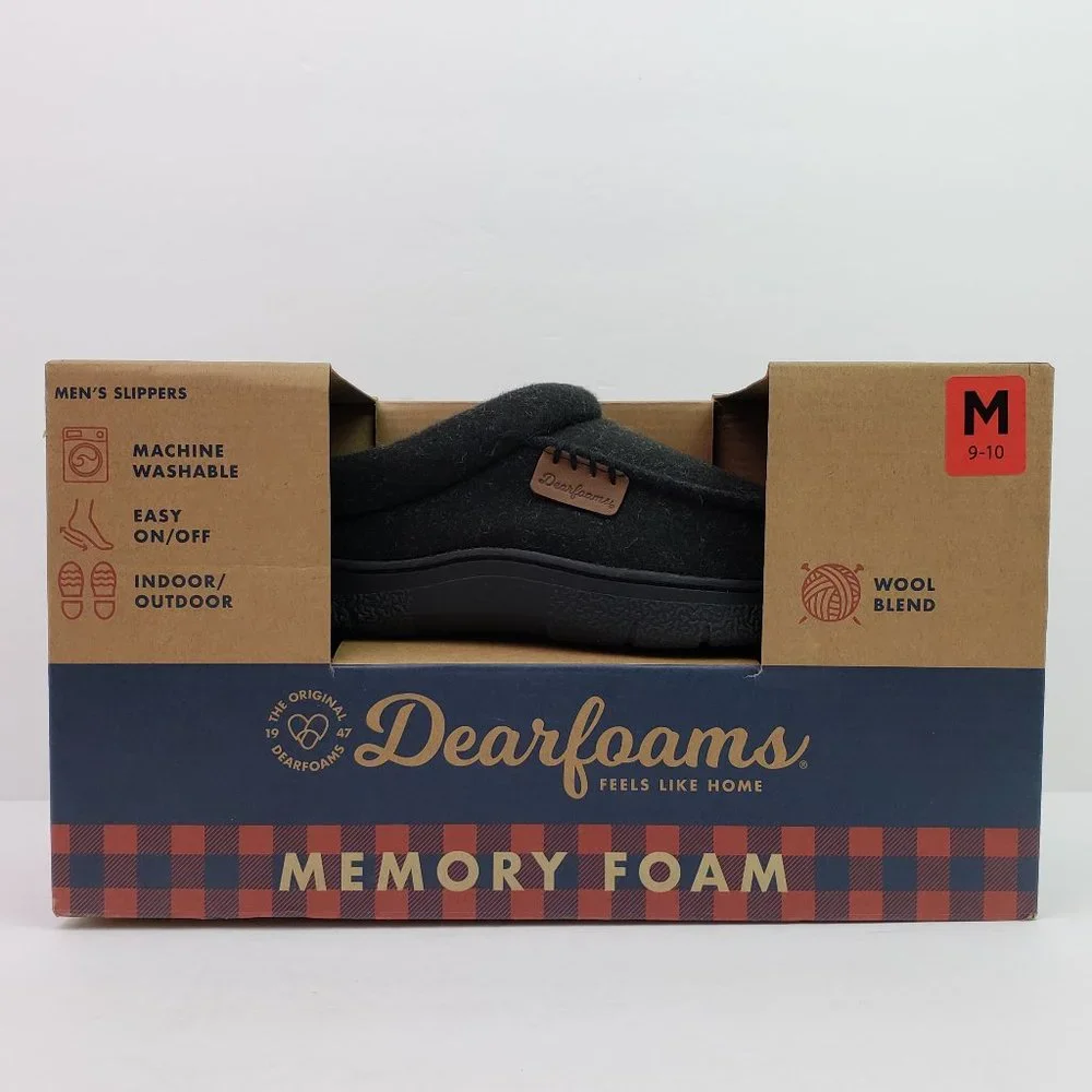 Dearfoams Mens Size M 9-10 Black Wool Blend Memory Foam Indoor/Outdoor Slippers